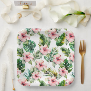 Assiettes En Carton Feuilles Tropicales Fleurs D'Hibiscus Rose Mariage