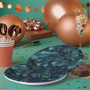 Assiettes En Carton Feuilles tropicaux et fleurs bleues
