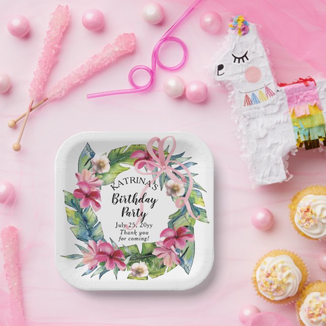 Assiettes En Carton Feuilles tropicaux | Fête d'anniversaire rose (Fête)