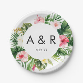 Assiettes En Carton Feuilles tropicaux Mariage Hawaï Monogramme