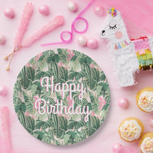 Assiettes En Carton Feuilles tropicaux verts et roses | Joyeux anniver (Fête)