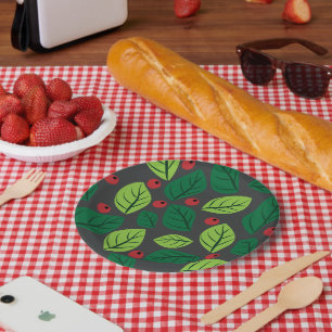 Assiettes En Carton Feuilles Vertes, Baies Rouges, Motif De Feuilles
