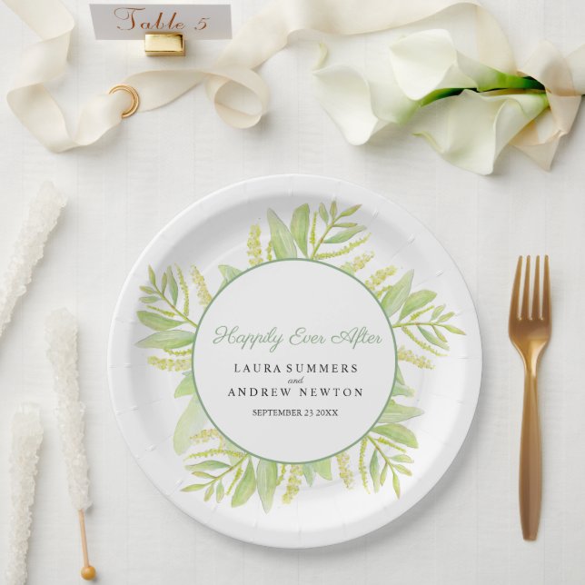 Assiettes En Carton Feuilles verts eucalyptus heureux après (Mariage)