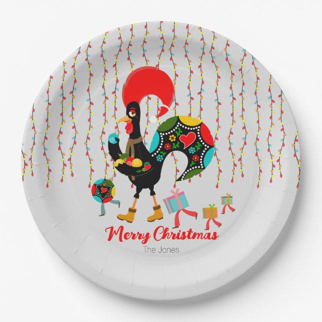 Assiettes En Carton Feux de Noël, baubles, cadeaux et coq (Devant)
