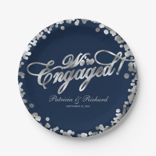Assiettes En Carton Fiançailles Navy Silver We're Engaged