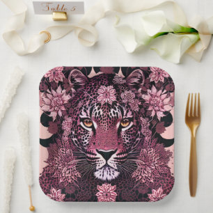 Assiettes En Carton Fierce rose léopard visage floral