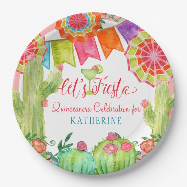 Assiettes En Carton Fiesta Cactus Quinceanera rose 15ème anniversaire (Devant)