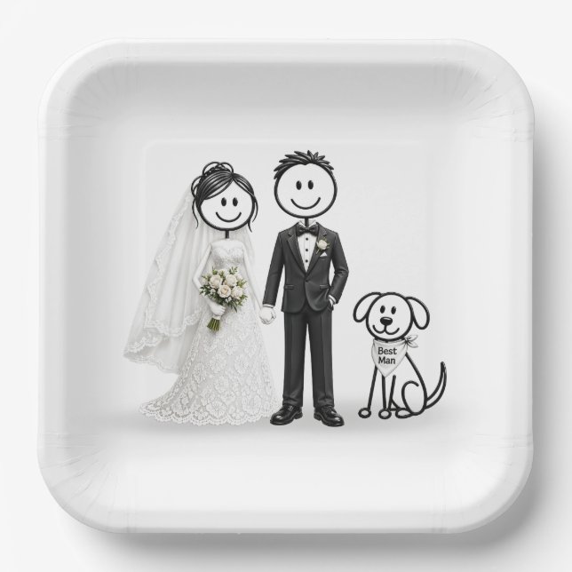 Assiettes En Carton Figures de mariés avec chien de témoin (Recto)