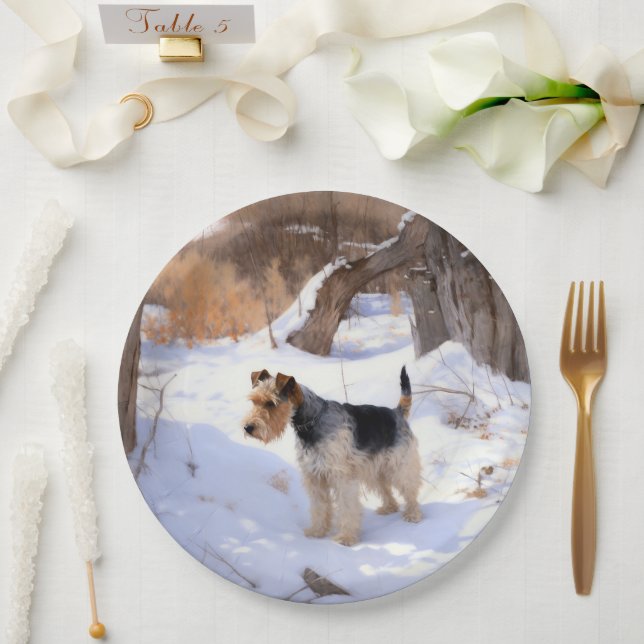 Assiettes En Carton Fil Fox Terrier Laisser neiger Noël (Mariage)