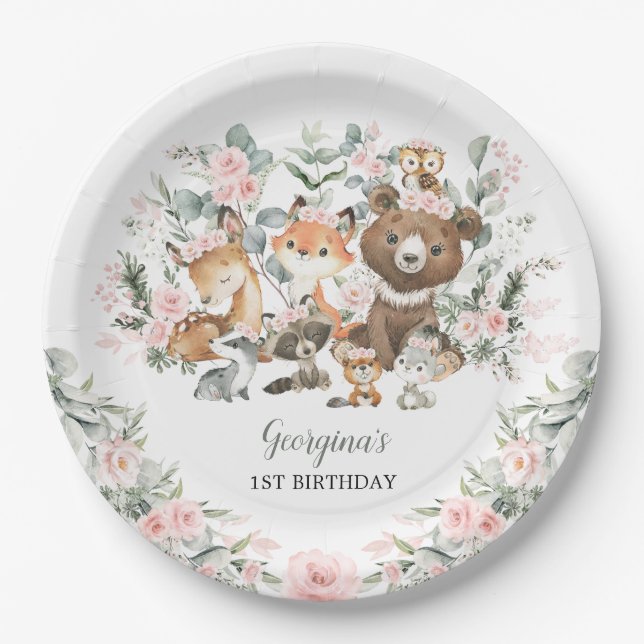 Assiettes En Carton Fille Animaux des bois Eucalyptus Rose Anniversair (Devant)