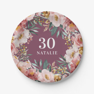 Assiettes En Carton Fille aquarelle florale anniversaire rose chic