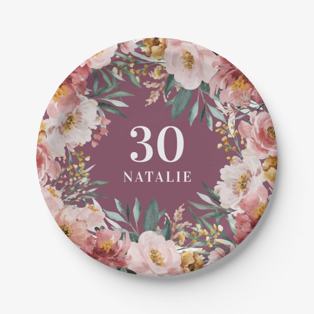 Assiettes En Carton Fille aquarelle florale anniversaire rose chic (Devant)
