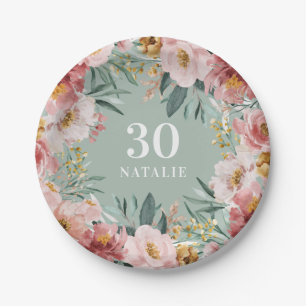 Assiettes En Carton Fille aquarelle florale anniversaire rose chic