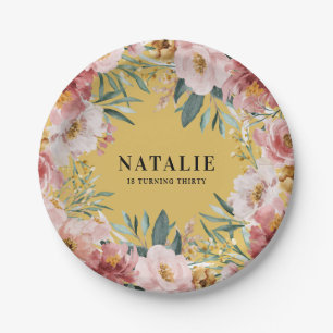 Assiettes En Carton Fille aquarelle florale anniversaire rose chic