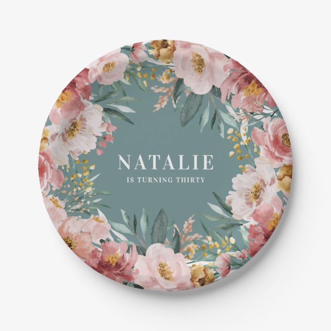 Assiettes En Carton Fille aquarelle florale anniversaire rose chic (Devant)