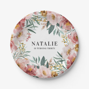 Assiettes En Carton Fille aquarelle florale anniversaire rose chic