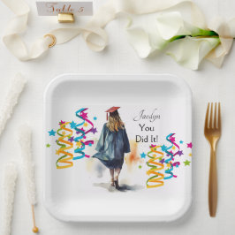 Assiettes En Carton Fille aquarelle personnalisée Fête des diplômés