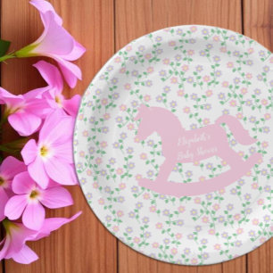Assiettes En Carton Fille au cheval à bascule rose Baby Shower
