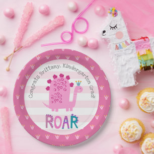 Assiettes En Carton Fille au dinosaure rose Dégraduation de maternelle