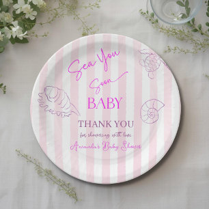 Assiettes En Carton Fille aux rayures roses côtières mer bientôt bébé