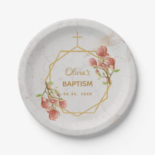 Assiettes En Carton Fille Baptême Marbre Or rose Magnolia Géométrique