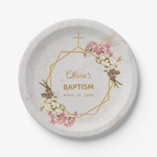 Assiettes En Carton Fille Baptême Orchidées Florales Marbre Or Géométr