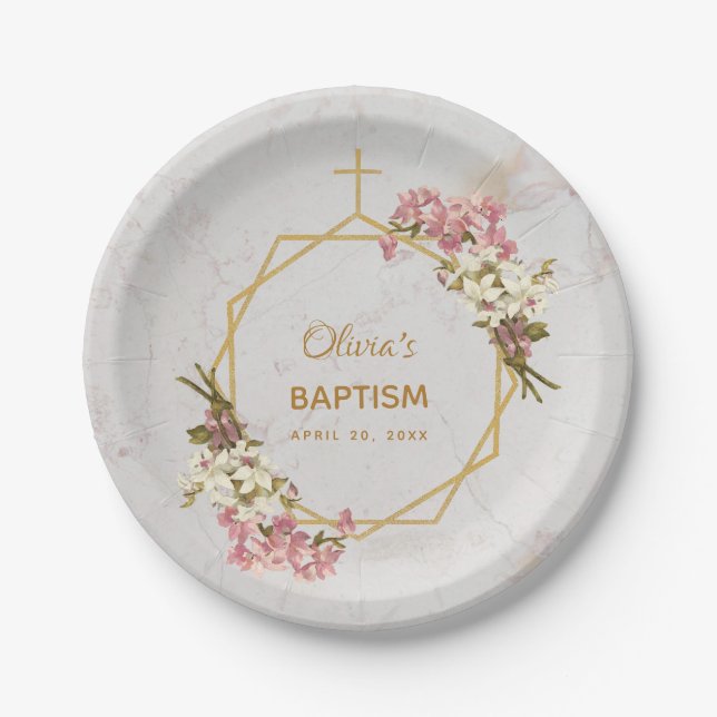 Assiettes En Carton Fille Baptême Orchidées Florales Marbre Or Géométr (Devant)