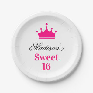 Assiettes En Carton Fille blanche Hot rose Sweet 16 Princesse Nom de l