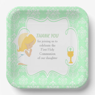Assiettes En Carton Fille blonde de première communion damas vert