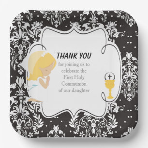 Assiettes En Carton Fille Blonde Première Communion Damassé Noir
