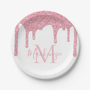 Assiettes En Carton Fille Blush Parties scintillant rose gouttes Monog
