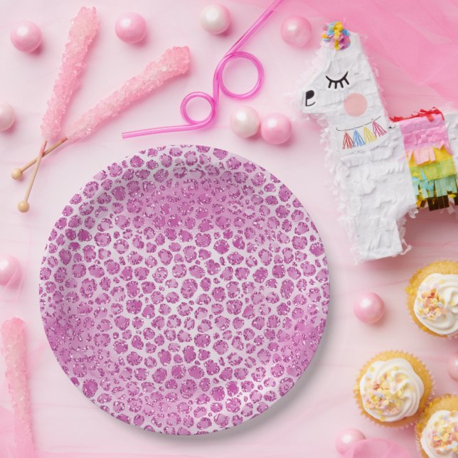 Assiettes En Carton Fille brillante Empreinte de léopard rose (Fête)