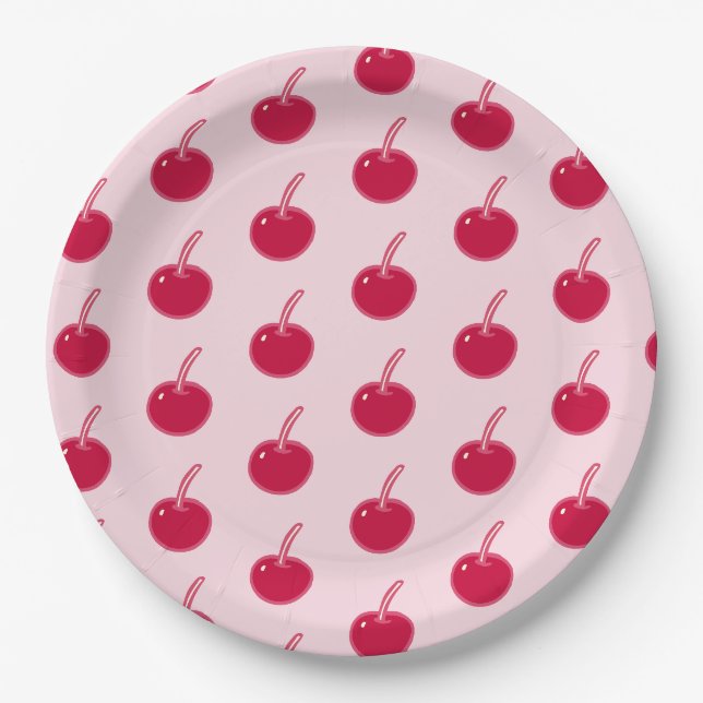 Assiettes En Carton Fille Cerises rouges roses Anniversaire (Devant)