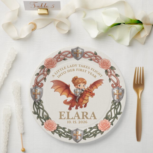 Assiettes En Carton Fille Chevalier Capricieuse et Dragon Premier Anni (Mariage)