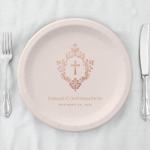 Assiettes En Carton Fille Confirmation Rose Rose Or Vintage Crest