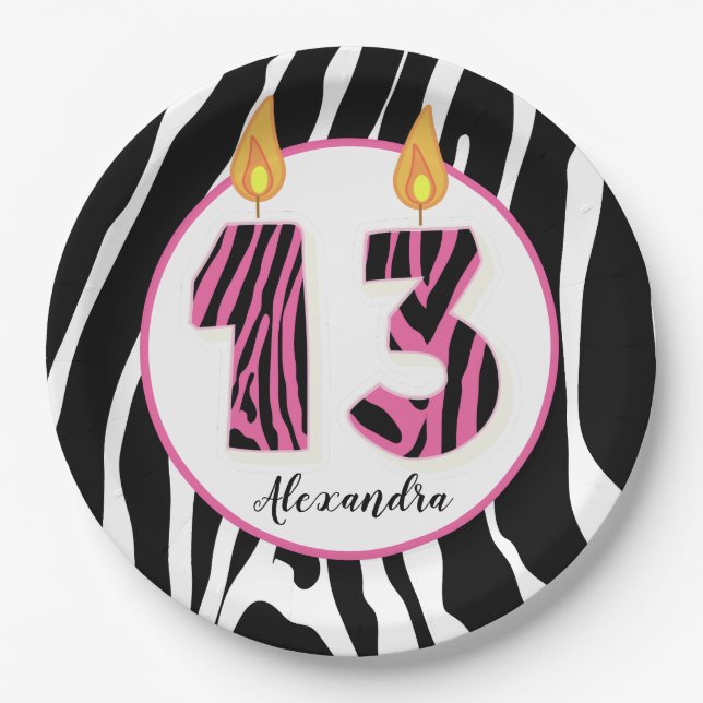 Assiettes En Carton Fille de 13 ans Zebra Stripe rose tendance Anniver (Devant)