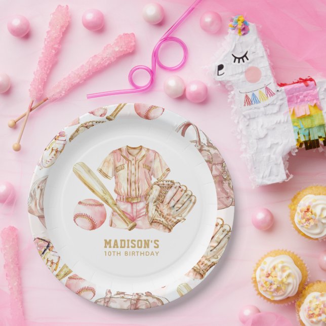 Assiettes En Carton Fille de baseball Anniversaire personnalisé (Fête)