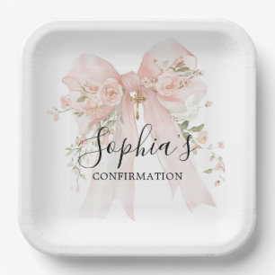 Assiettes En Carton Fille de confirmation Nœud Rose Merci