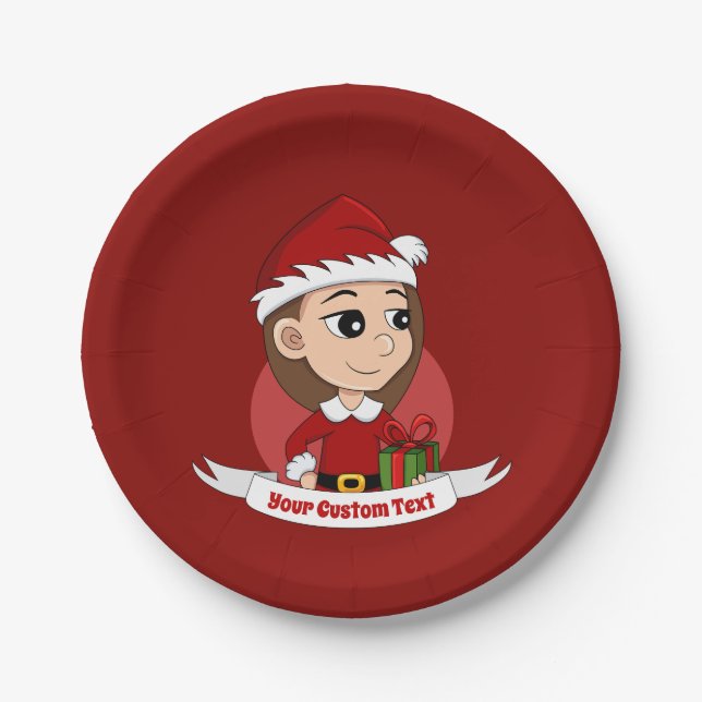 Assiettes En Carton Fille de Noël avec cheveux longs bruns (Devant)