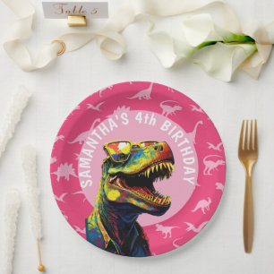 Assiettes En Carton Fille Dinosaur fête d'anniversaire