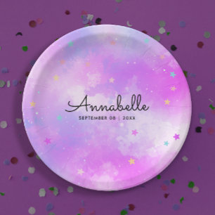 Assiettes En Carton Fille Dreamy Rose Holographique Sky Stars Aquarell