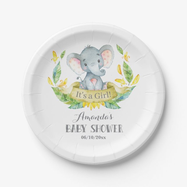 Assiettes En Carton Fille Eléphant Baby shower Jaune et Grey (Devant)
