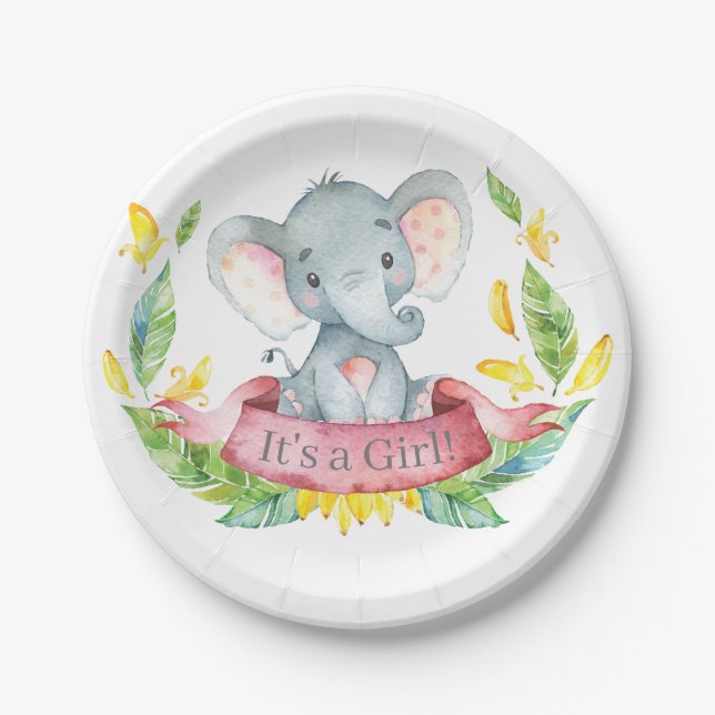 Assiettes En Carton Fille Eléphant Baby shower Plaque en papier rose (Devant)