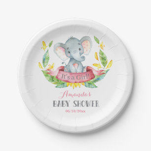 Assiettes En Carton Fille Eléphant Baby shower rose et gris