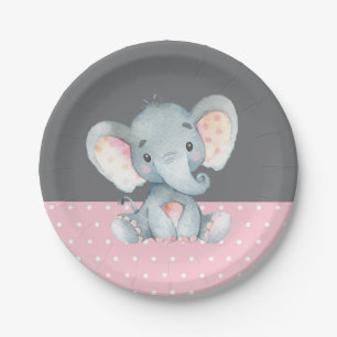 Assiettes En Carton Fille Eléphant Baby shower rose et gris