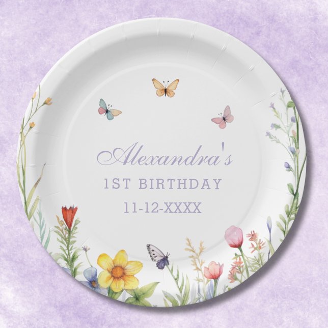 Assiettes En Carton Fille fleur sauvage 1ère fête d'anniversaire (Créateur téléchargé)