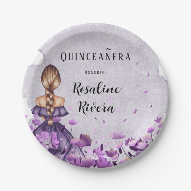Assiettes En Carton Fille florale pourpre Quinceanera Anniversaire (Devant)