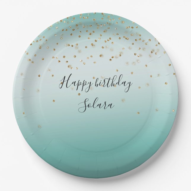 Assiettes En Carton Fille Glam Gold Sparkle Confetti Mint Ombre (Devant)