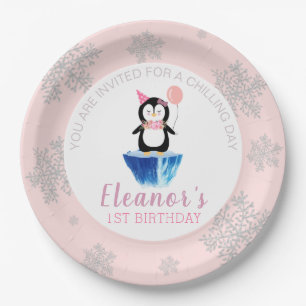 Assiettes En Carton Fille hiver rose argent mou Penguin Anniversaire