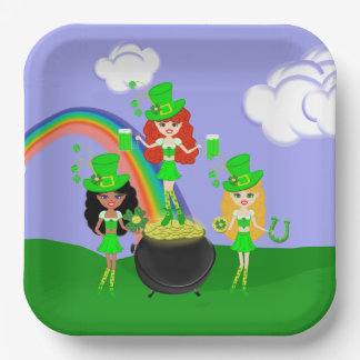 Assiettes En Carton Fille Leprechauns Arc en ciel et Pot d'or
